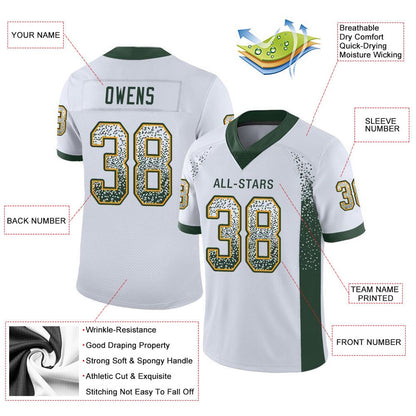 Custom White Green Gold Mesh Drift Fashion Football Jersey, Team Jerseys Football, Custom Football Jersey