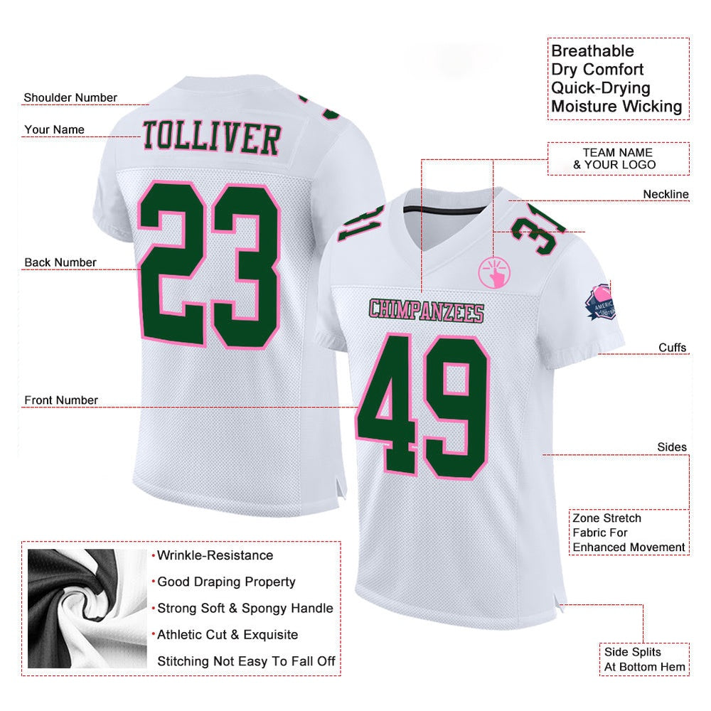 Custom White Green Pink Mesh Authentic Football Jersey, Team Jerseys Football, Custom Football Jersey