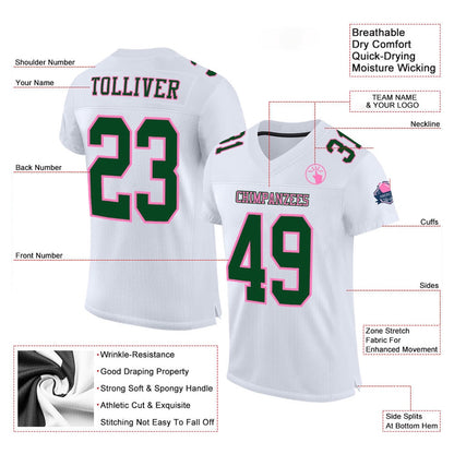 Custom White Green Pink Mesh Authentic Football Jersey, Team Jerseys Football, Custom Football Jersey