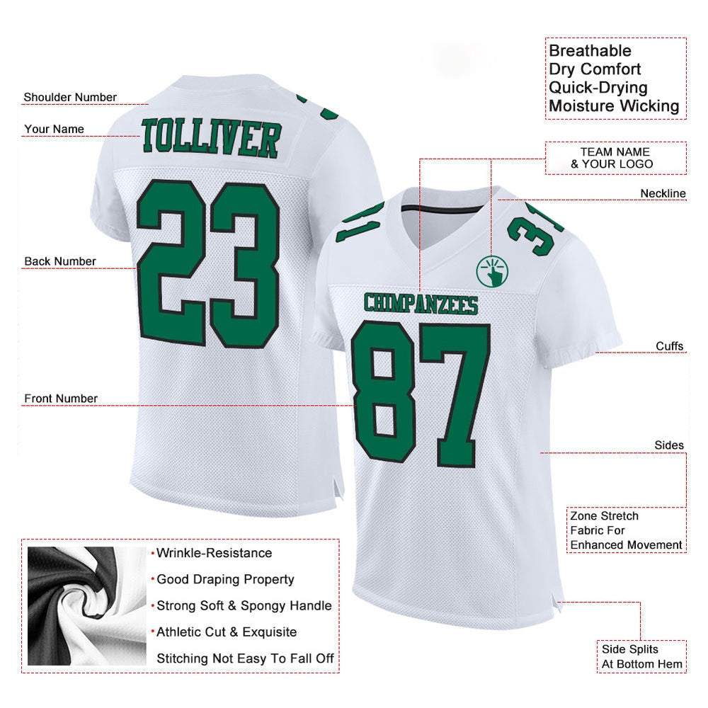 Custom White Kelly Green Black Mesh Authentic Football Jersey, Team Jerseys Football, Custom Football Jersey