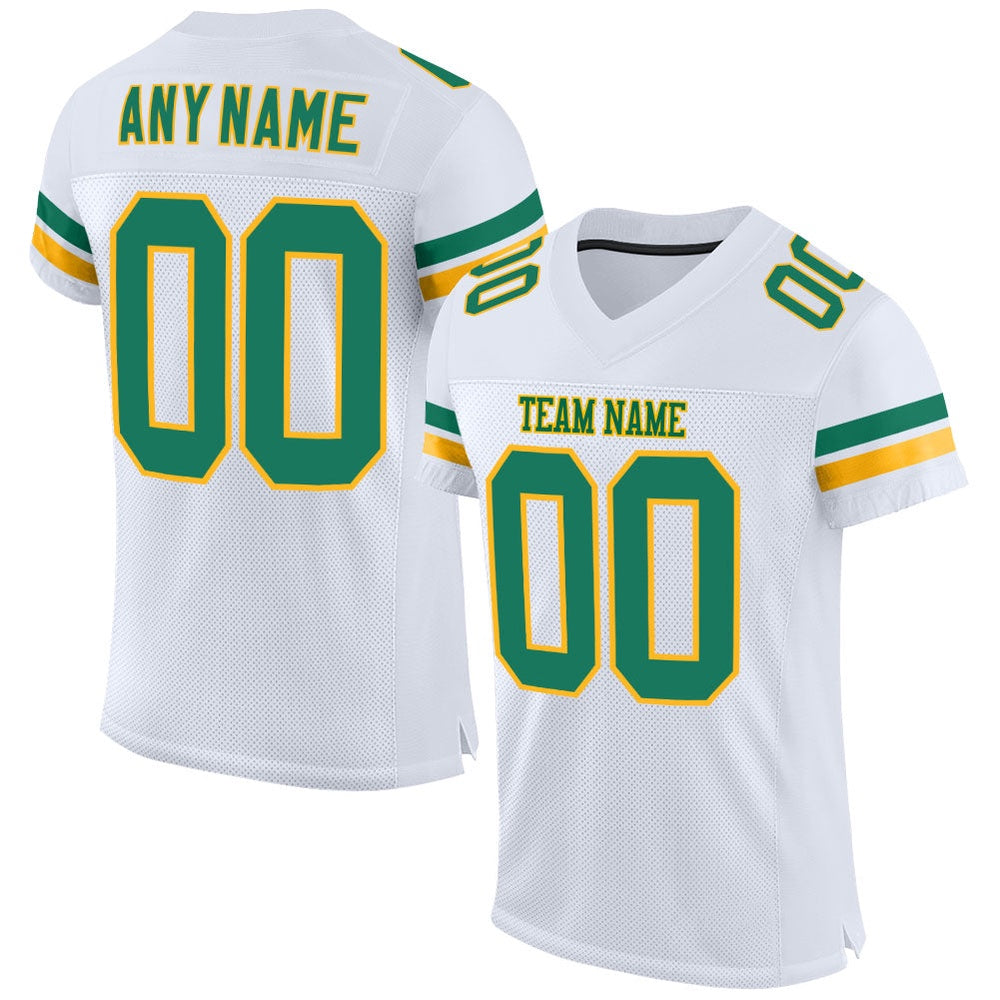 Custom White Kelly Green Gold Mesh Authentic Football Jersey, Team Jerseys Football, Custom Football Jersey