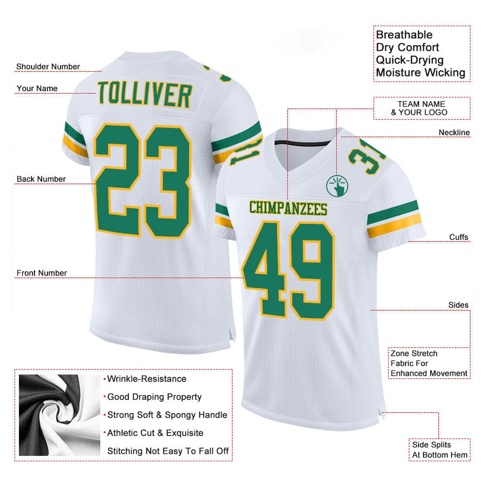 Custom White Kelly Green Gold Mesh Authentic Football Jersey, Team Jerseys Football, Custom Football Jersey