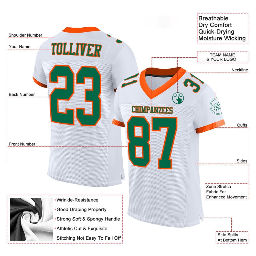 Custom White Kelly Green Orange Mesh Authentic Football Jersey, Team Jerseys Football, Custom Football Jersey