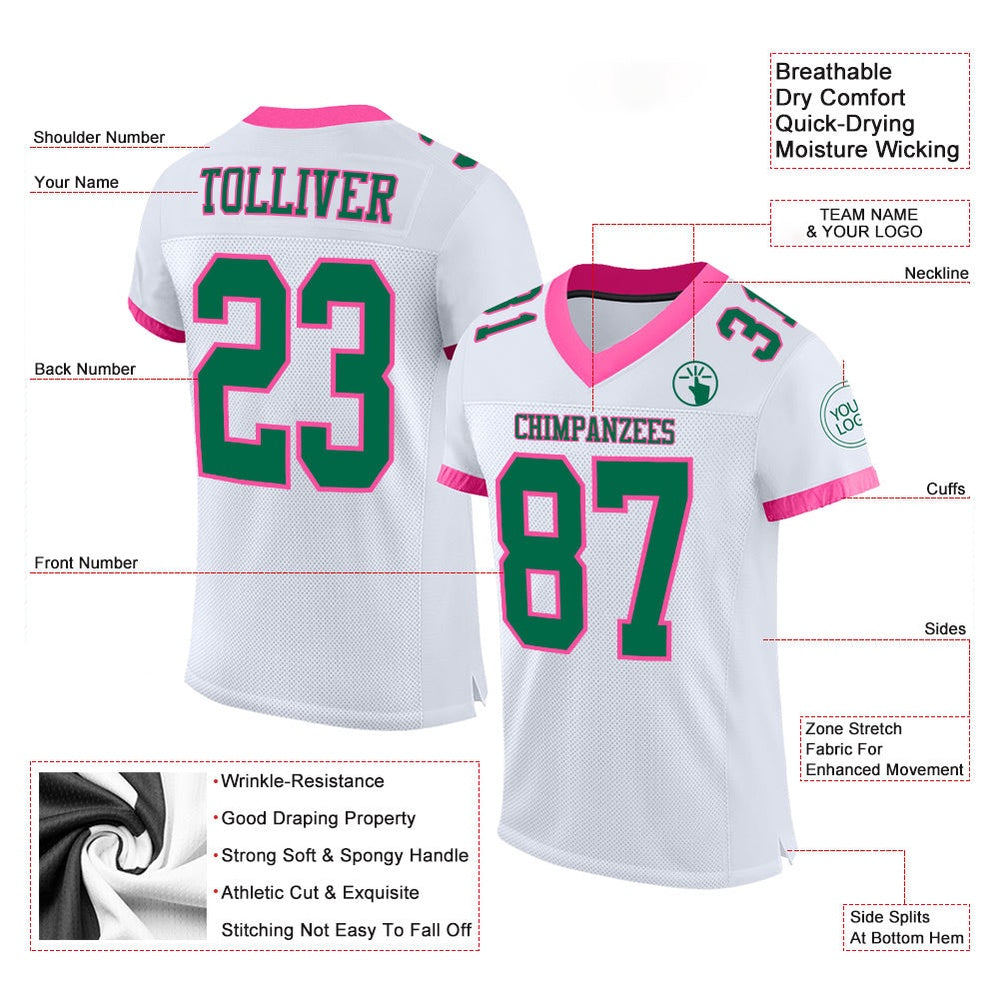 Custom White Kelly Green Pink Mesh Authentic Football Jersey, Team Jerseys Football, Custom Football Jersey