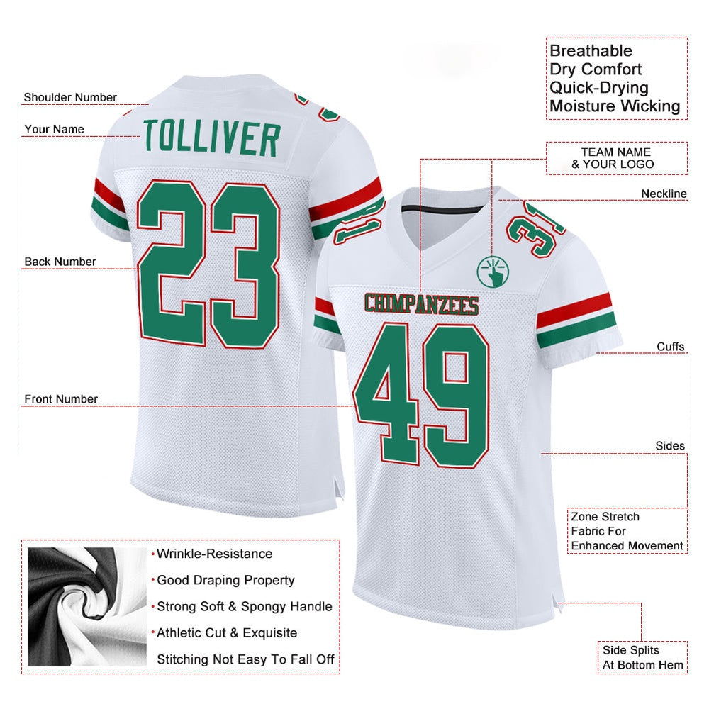 Custom White Kelly Green Red Mesh Authentic Football Jersey, Team Jerseys Football, Custom Football Jersey