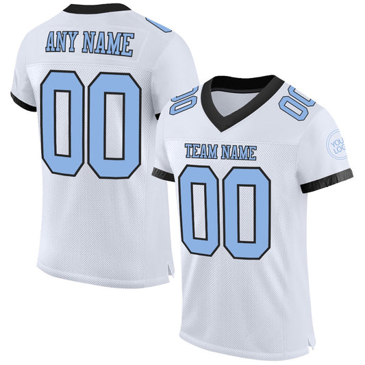 Custom White Light Blue Black Mesh Authentic Football Jersey, Team Jerseys Football, Custom Football Jersey