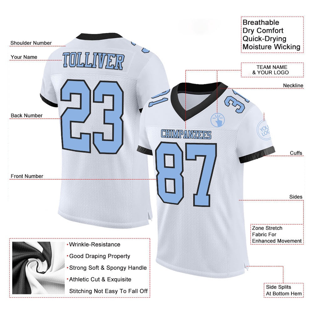 Custom White Light Blue Black Mesh Authentic Football Jersey, Team Jerseys Football, Custom Football Jersey