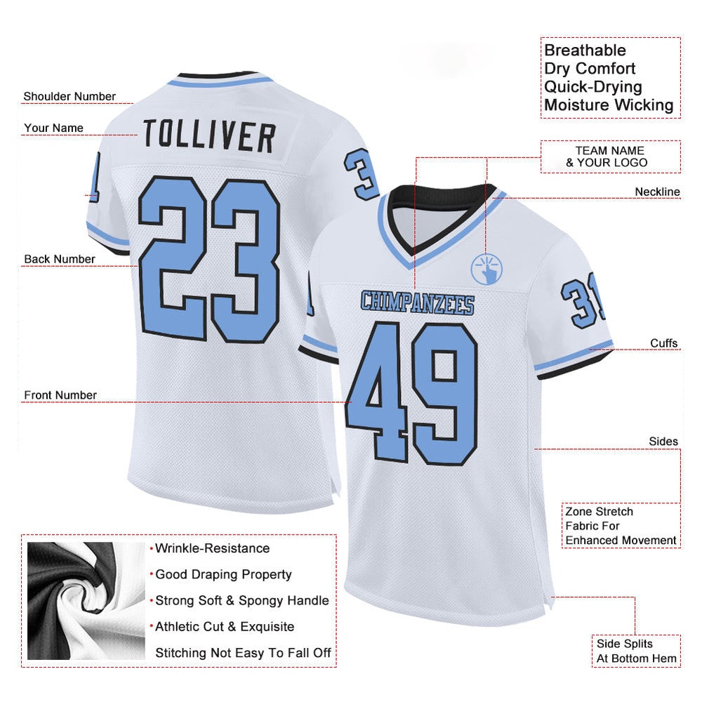 Custom White Light Blue Black Mesh Authentic Throwback Football Jersey, Team Jerseys Football, Custom Football Jersey