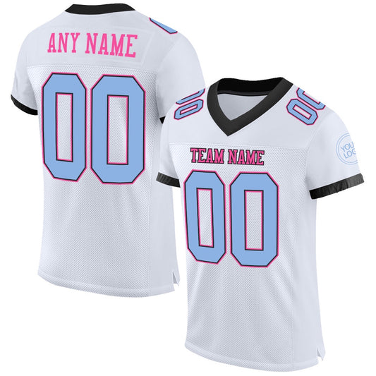 Custom White Light Blue Black Pink Mesh Authentic Football Jersey, Team Jerseys Football, Custom Football Jersey