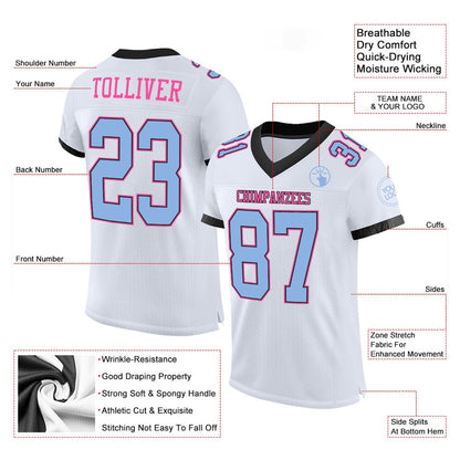 Custom White Light Blue Black Pink Mesh Authentic Football Jersey, Team Jerseys Football, Custom Football Jersey