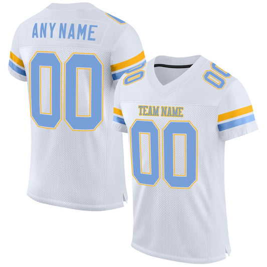 Custom White Light Blue Gold Mesh Authentic Football Jersey, Team Jerseys Football, Custom Football Jersey