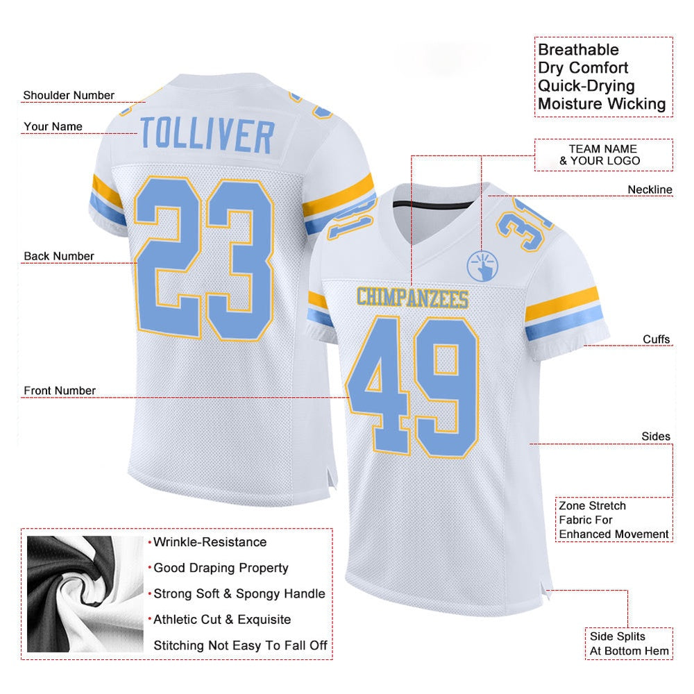 Custom White Light Blue Gold Mesh Authentic Football Jersey, Team Jerseys Football, Custom Football Jersey