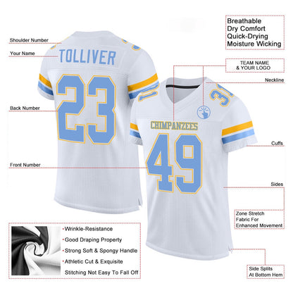 Custom White Light Blue Gold Mesh Authentic Football Jersey, Team Jerseys Football, Custom Football Jersey