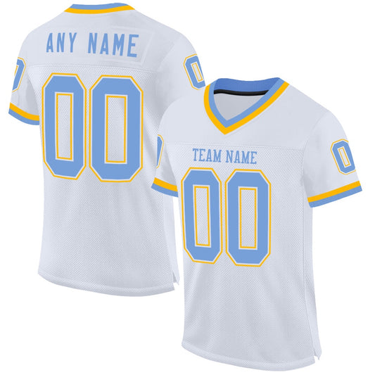 Custom White Light Blue Gold Mesh Authentic Throwback Football Jersey, Team Jerseys Football, Custom Football Jersey