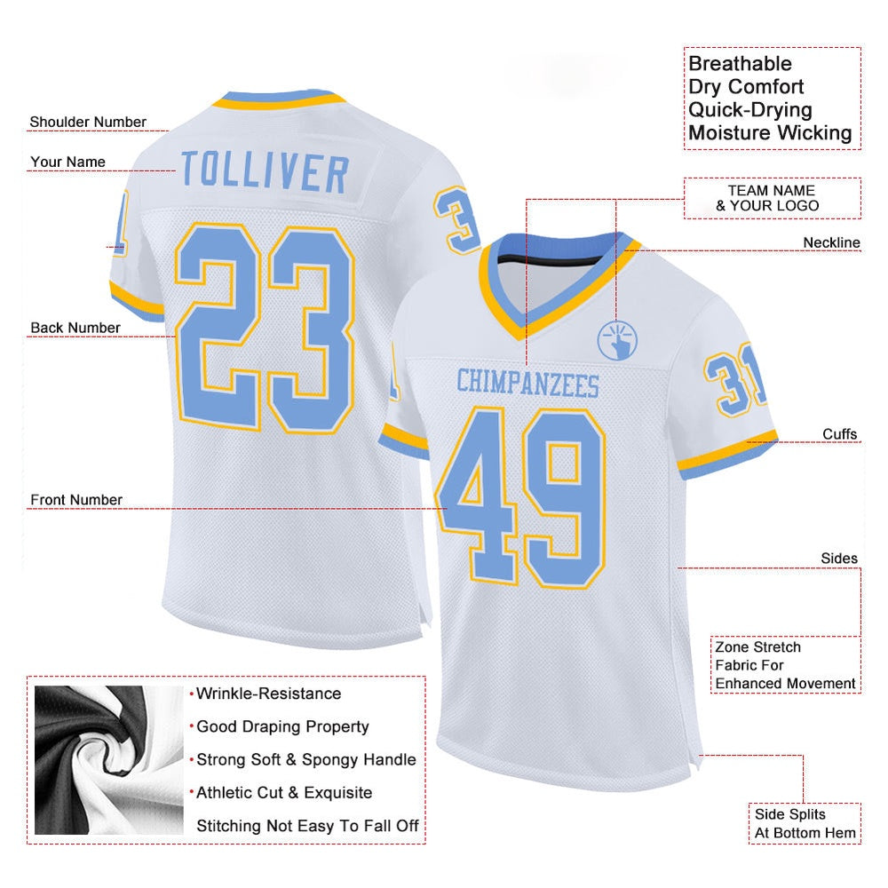 Custom White Light Blue Gold Mesh Authentic Throwback Football Jersey, Team Jerseys Football, Custom Football Jersey