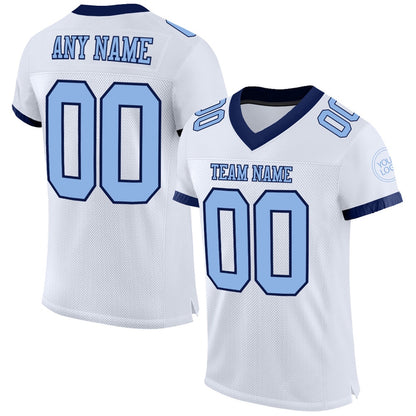Custom White Light Blue Navy Mesh Authentic Football Jersey, Team Jerseys Football, Custom Football Jersey