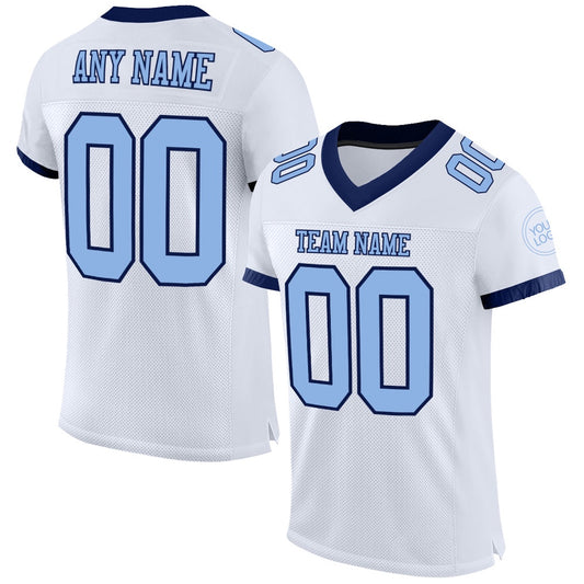 Custom White Light Blue Navy Mesh Authentic Football Jersey, Team Jerseys Football, Custom Football Jersey