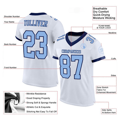Custom White Light Blue Navy Mesh Authentic Football Jersey, Team Jerseys Football, Custom Football Jersey