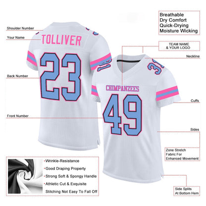 Custom White Light Blue Pink Mesh Authentic Football Jersey, Team Jerseys Football, Custom Football Jersey