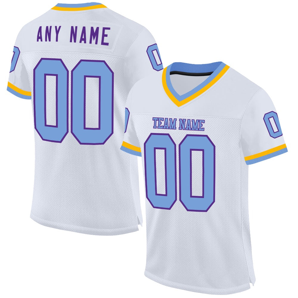 Custom White Light Blue Purple Gold Mesh Authentic Throwback Football Jersey, Team Jerseys Football, Custom Football Jersey