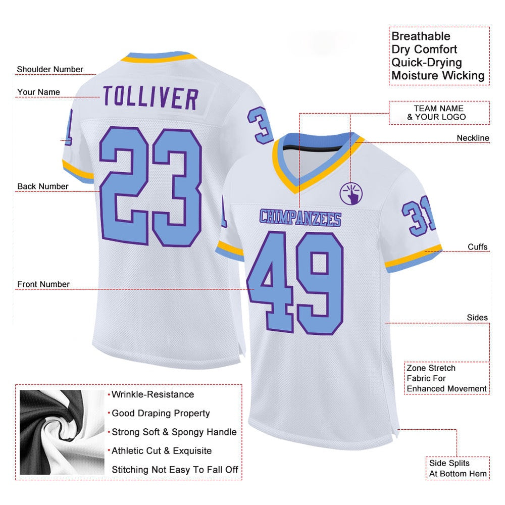 Custom White Light Blue Purple Gold Mesh Authentic Throwback Football Jersey, Team Jerseys Football, Custom Football Jersey