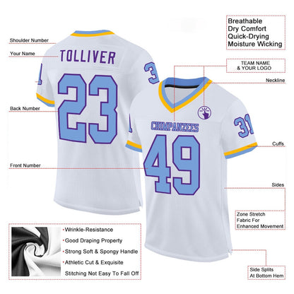 Custom White Light Blue Purple Gold Mesh Authentic Throwback Football Jersey, Team Jerseys Football, Custom Football Jersey