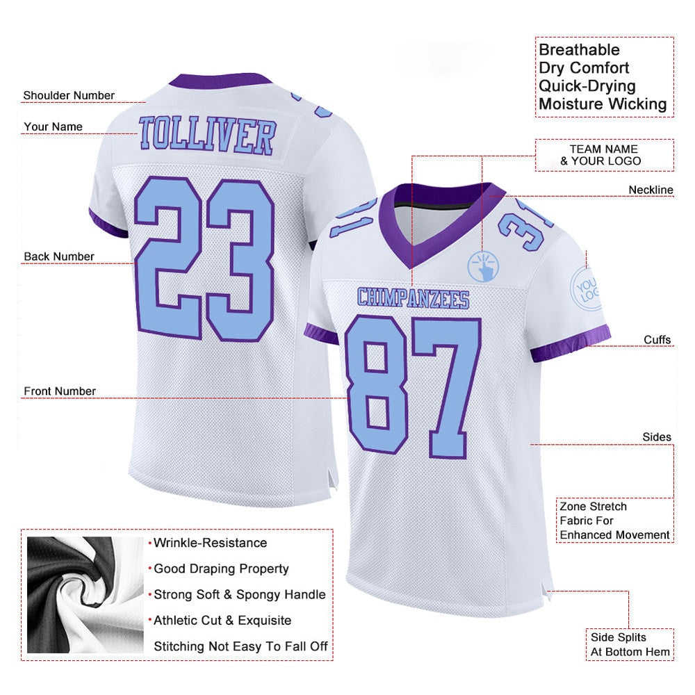 Custom White Light Blue Purple Mesh Authentic Football Jersey, Team Jerseys Football, Custom Football Jersey