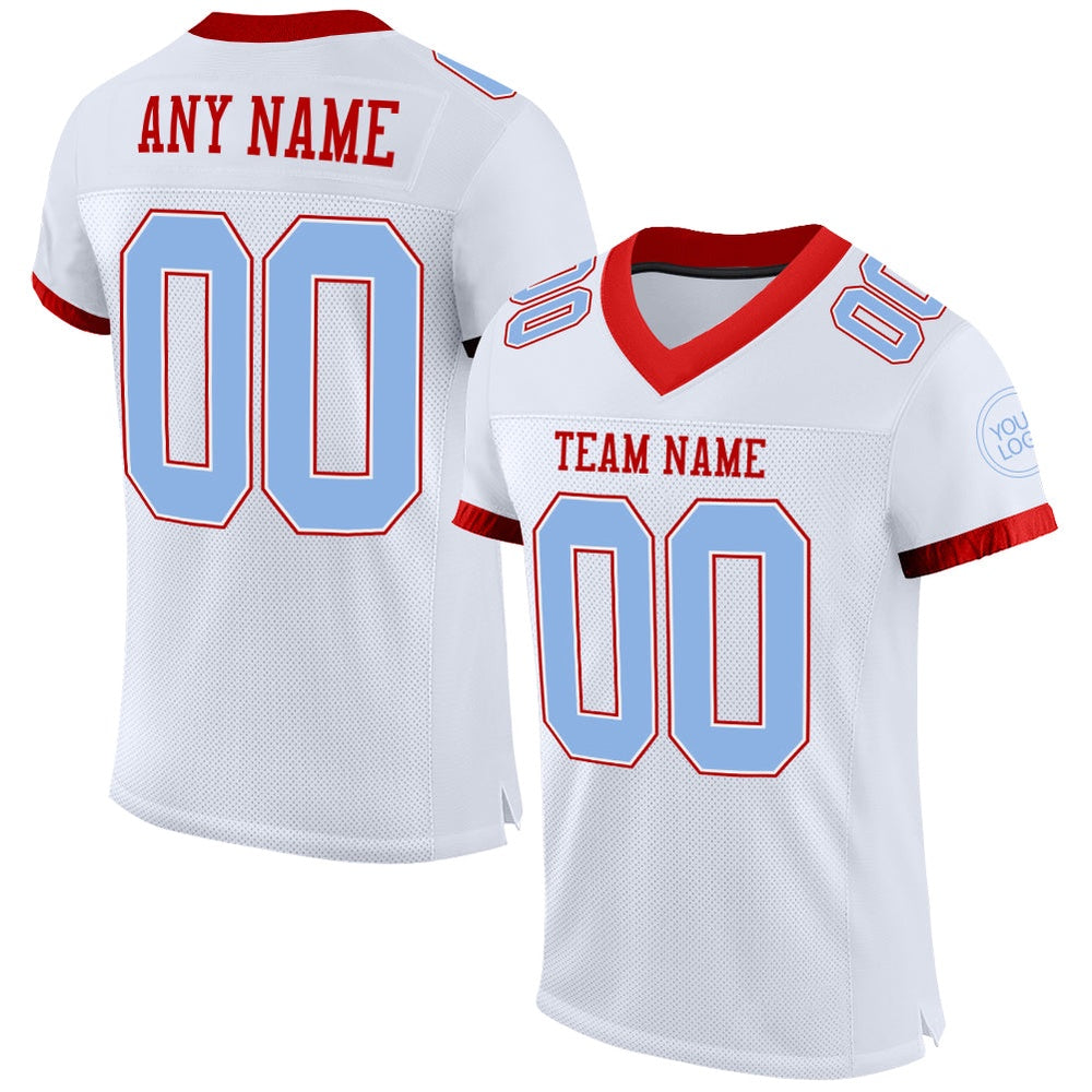 Custom White Light Blue Red Mesh Authentic Football Jersey, Team Jerseys Football, Custom Football Jersey