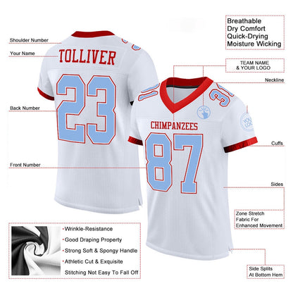Custom White Light Blue Red Mesh Authentic Football Jersey, Team Jerseys Football, Custom Football Jersey