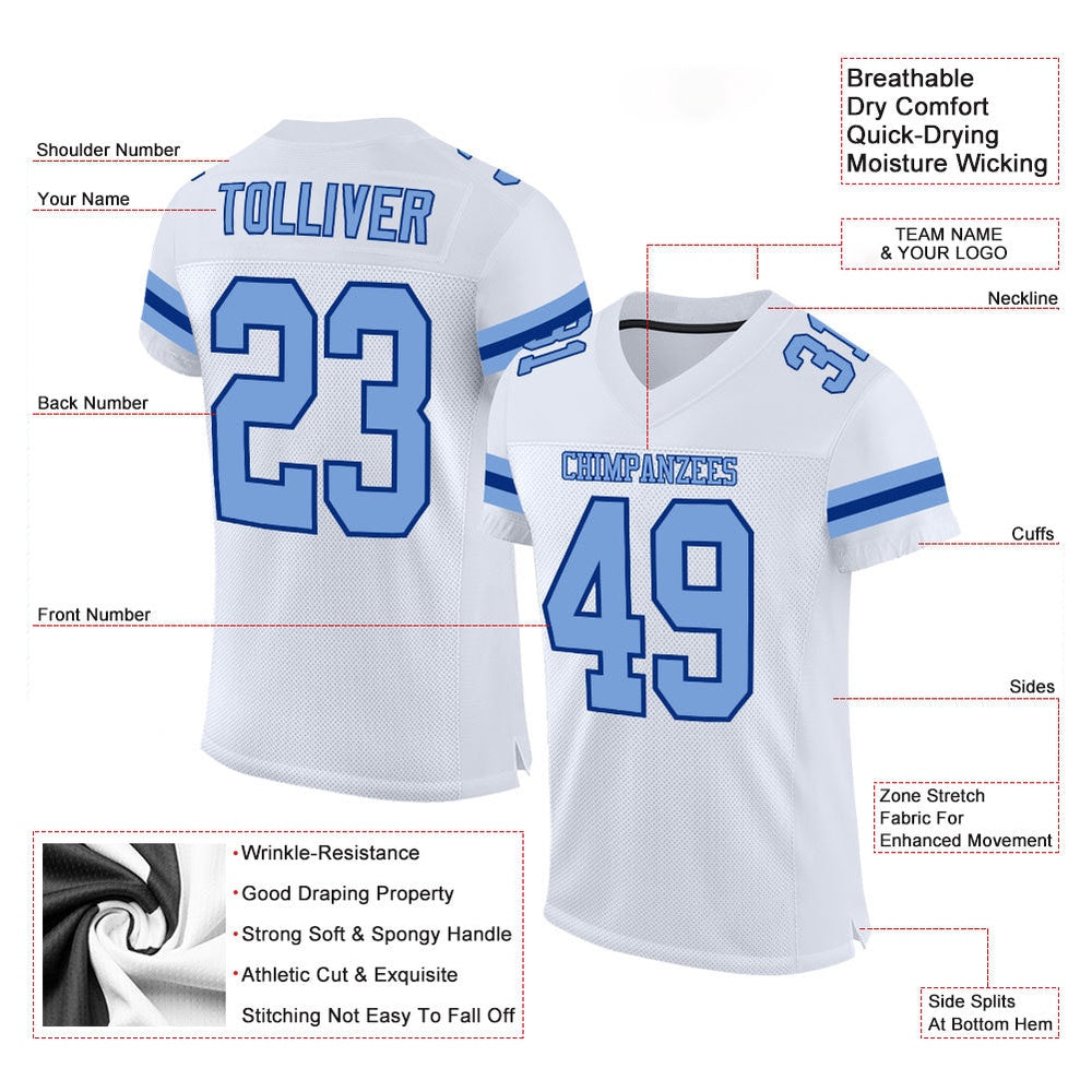 Custom White Light Blue Royal Mesh Authentic Football Jersey, Team Jerseys Football, Custom Football Jersey