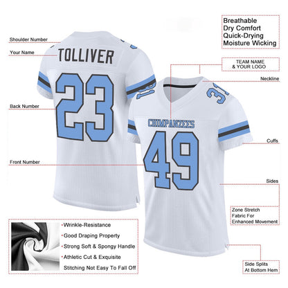 Custom White Light Blue Steel Gray Mesh Authentic Football Jersey, Team Jerseys Football, Custom Football Jersey