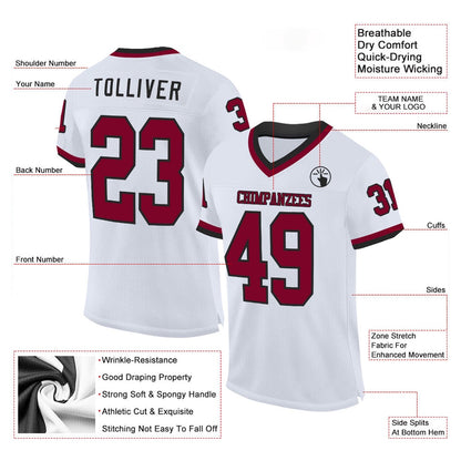Custom White Maroon Black Mesh Authentic Throwback Football Jersey, Team Jerseys Football, Custom Football Jersey