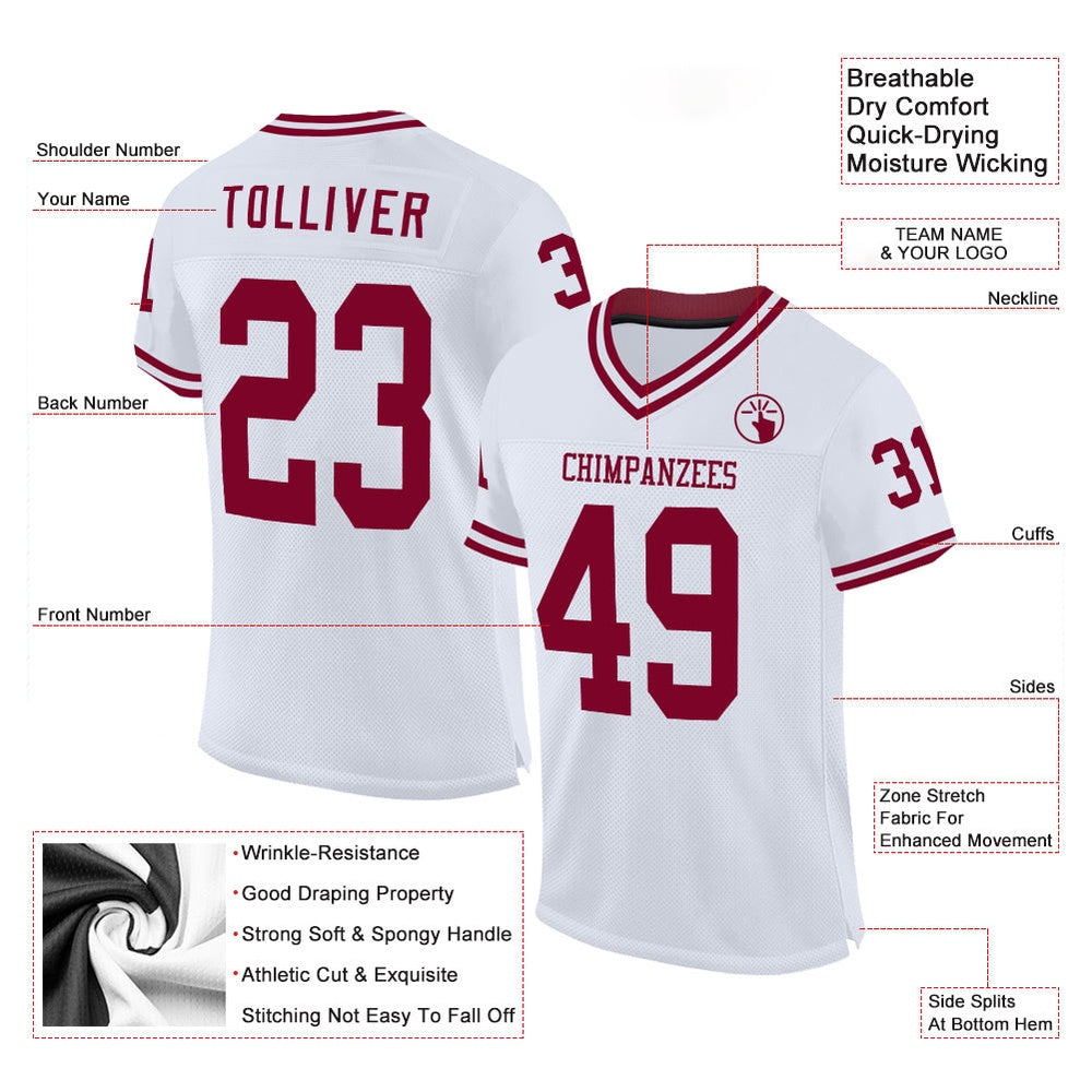 Custom White Maroon Mesh Authentic Throwback Football Jersey, Team Jerseys Football, Custom Football Jersey