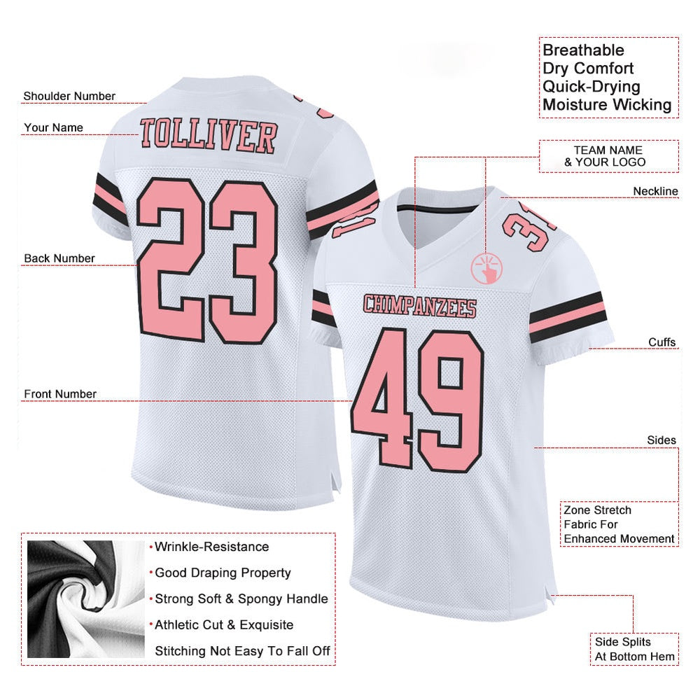 Custom White Medium Pink Black Mesh Authentic Football Jersey, Team Jerseys Football, Custom Football Jersey