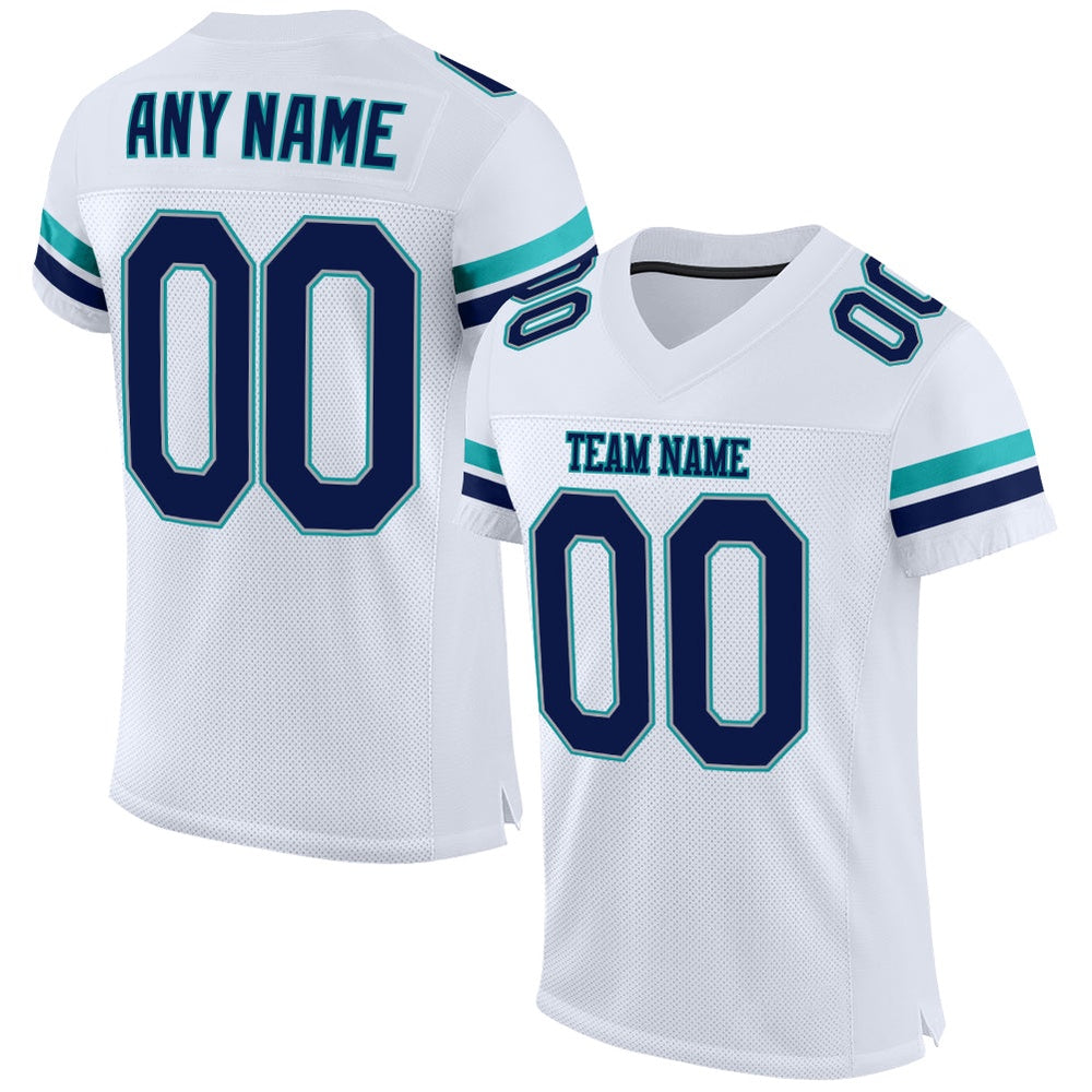 Custom White Navy Aqua Mesh Authentic Football Jersey, Team Jerseys Football, Custom Football Jersey