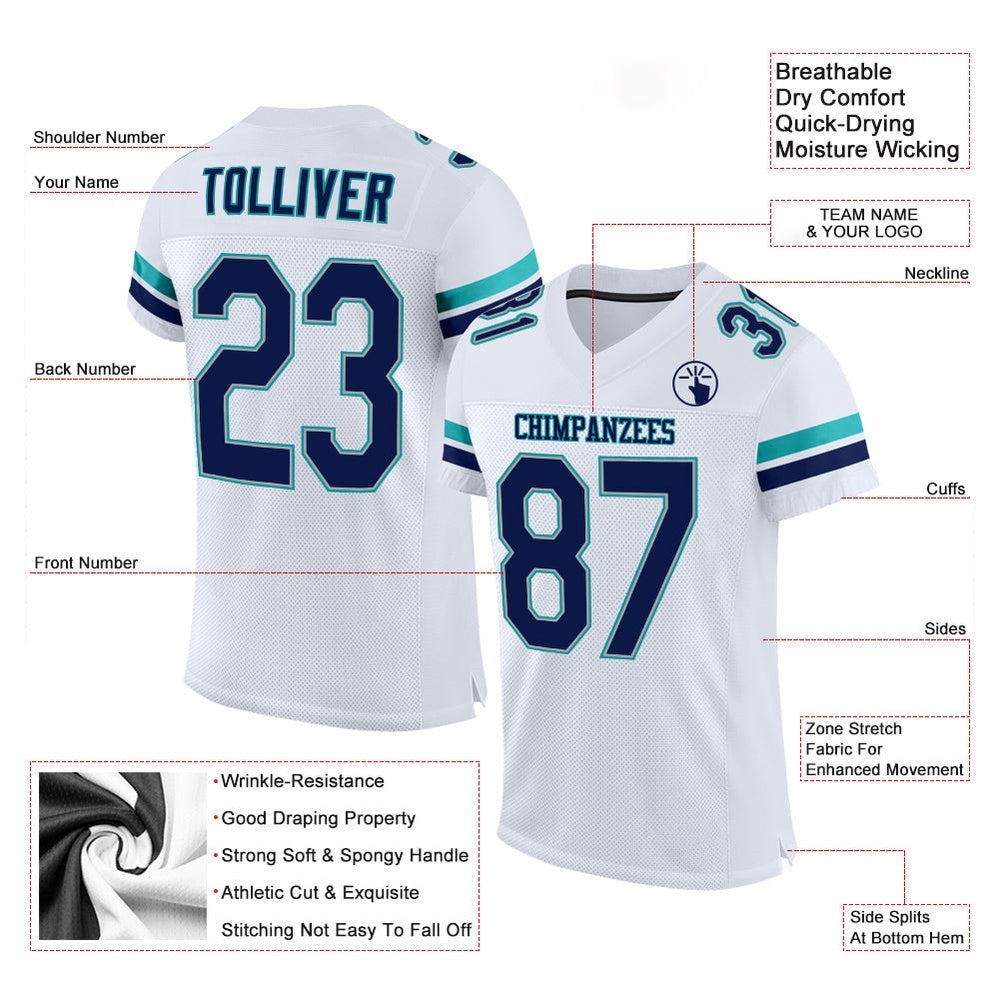 Custom White Navy Aqua Mesh Authentic Football Jersey, Team Jerseys Football, Custom Football Jersey