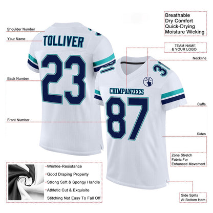 Custom White Navy Aqua Mesh Authentic Football Jersey, Team Jerseys Football, Custom Football Jersey