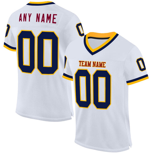 Custom White Navy Gold Maroon Mesh Authentic Throwback Football Jersey, Team Jerseys Football, Custom Football Jersey