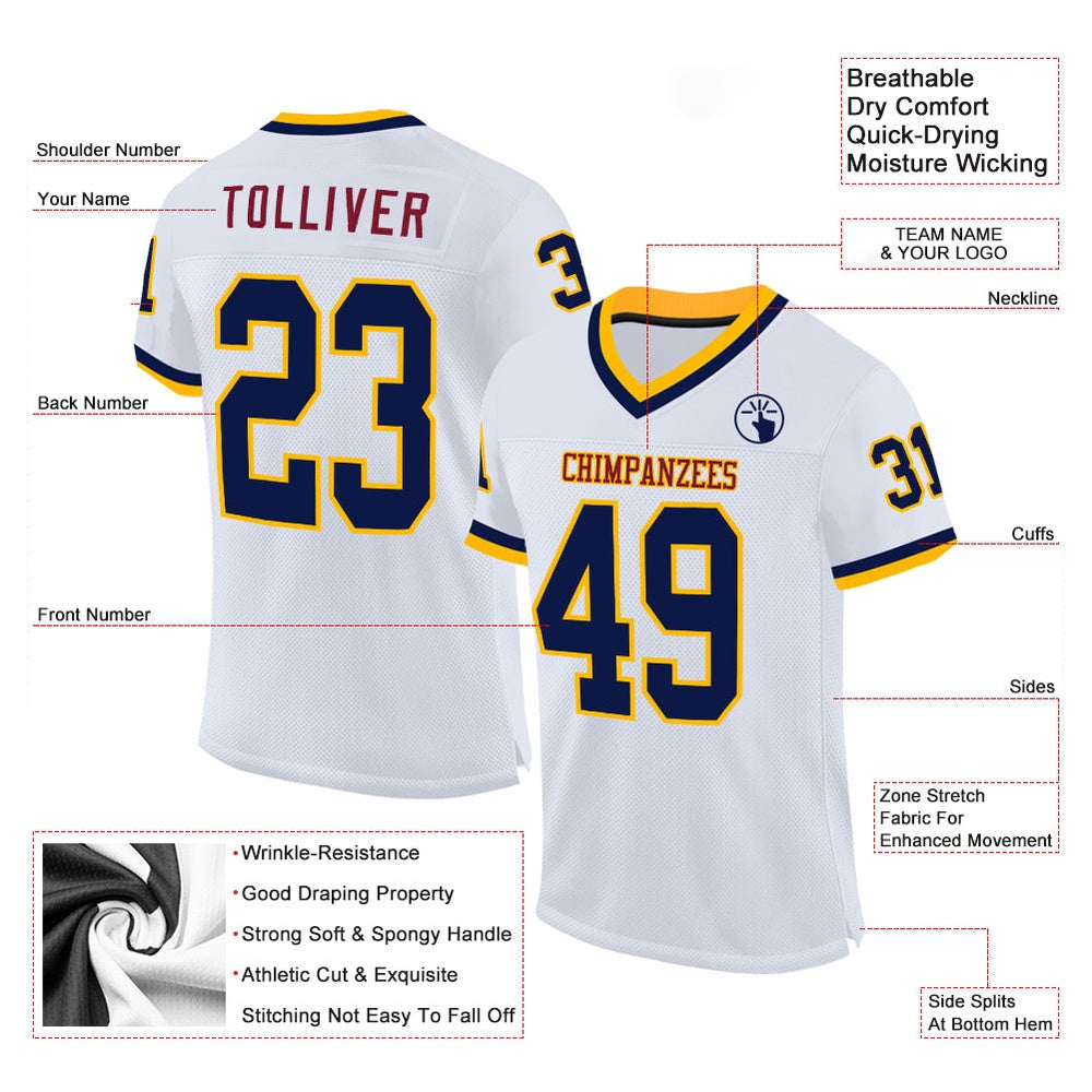 Custom White Navy Gold Maroon Mesh Authentic Throwback Football Jersey, Team Jerseys Football, Custom Football Jersey