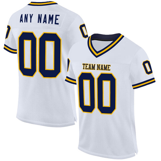 Custom White Navy Gold Mesh Authentic Throwback Football Jersey, Team Jerseys Football, Custom Football Jersey
