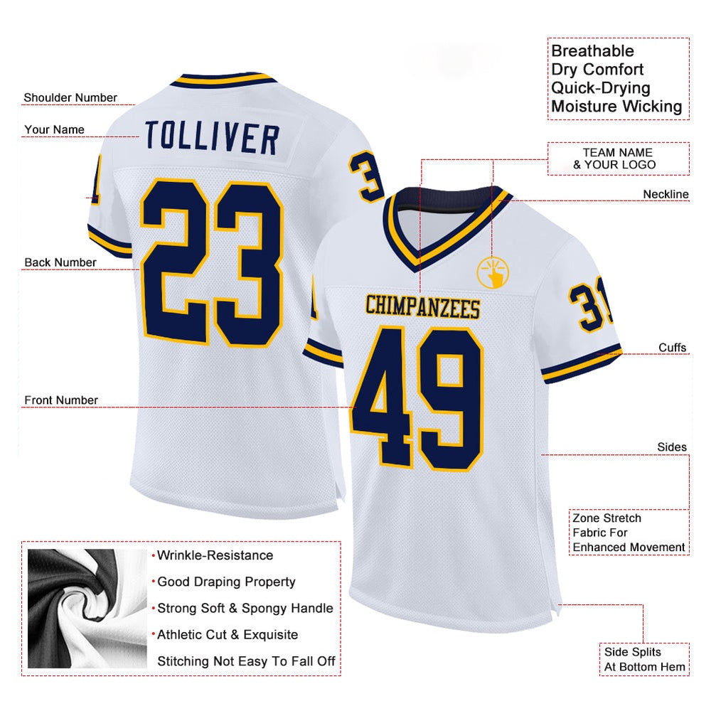 Custom White Navy Gold Mesh Authentic Throwback Football Jersey, Team Jerseys Football, Custom Football Jersey