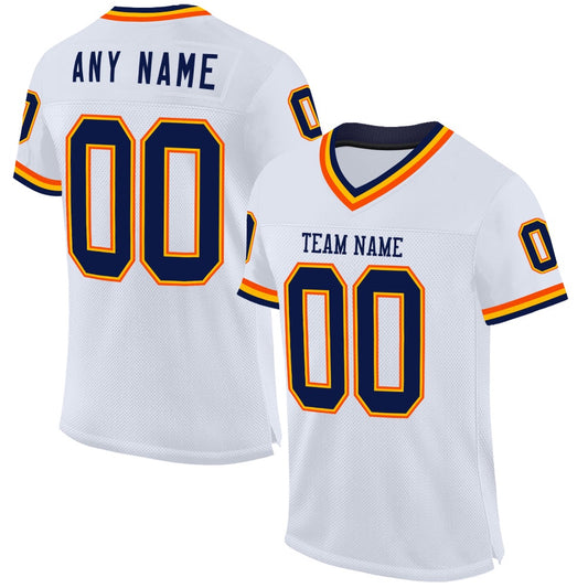 Custom White Navy Gold Orange Mesh Authentic Throwback Football Jersey, Team Jerseys Football, Custom Football Jersey