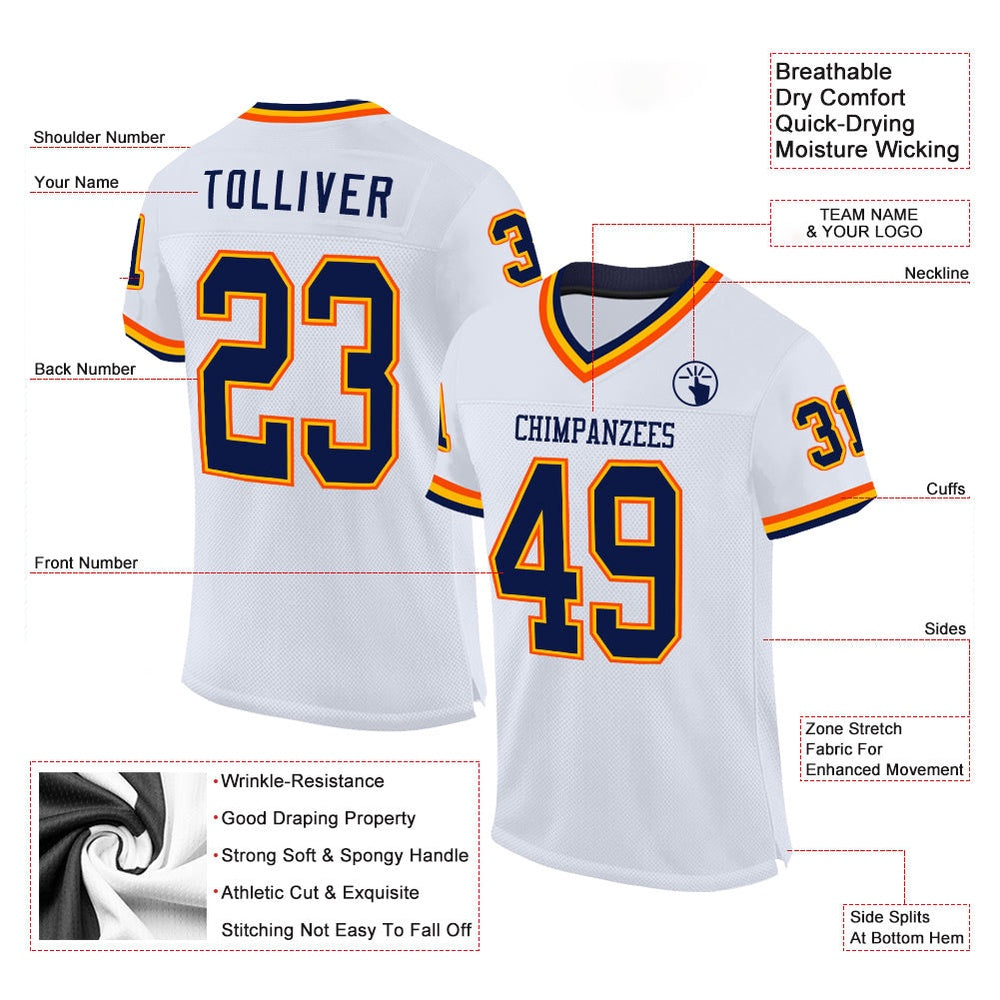 Custom White Navy Gold Orange Mesh Authentic Throwback Football Jersey, Team Jerseys Football, Custom Football Jersey