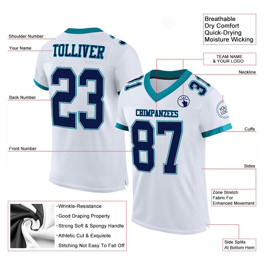 Custom White Navy Gray Teal Mesh Authentic Football Jersey, Team Jerseys Football, Custom Football Jersey