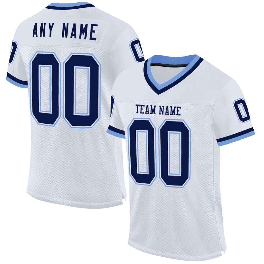 Custom White Navy Light Blue Mesh Authentic Throwback Football Jersey, Team Jerseys Football, Custom Football Jersey
