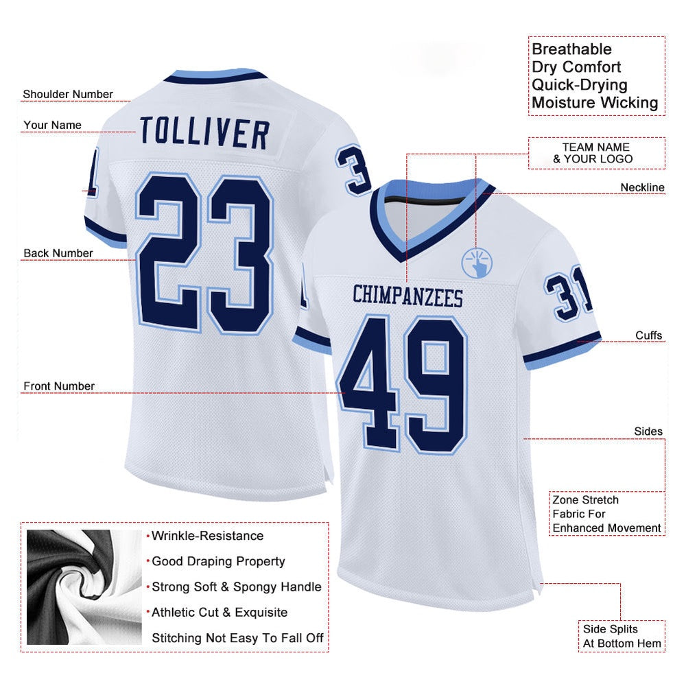Custom White Navy Light Blue Mesh Authentic Throwback Football Jersey, Team Jerseys Football, Custom Football Jersey