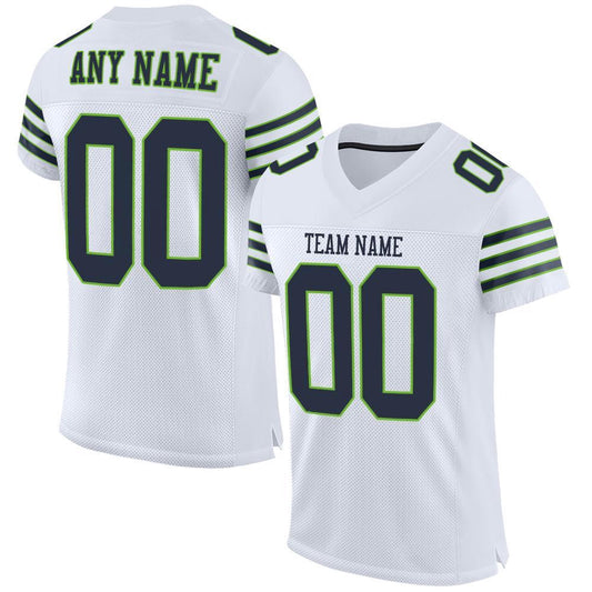 Custom White Navy Neon Green Mesh Authentic Football Jersey, Team Jerseys Football, Custom Football Jersey