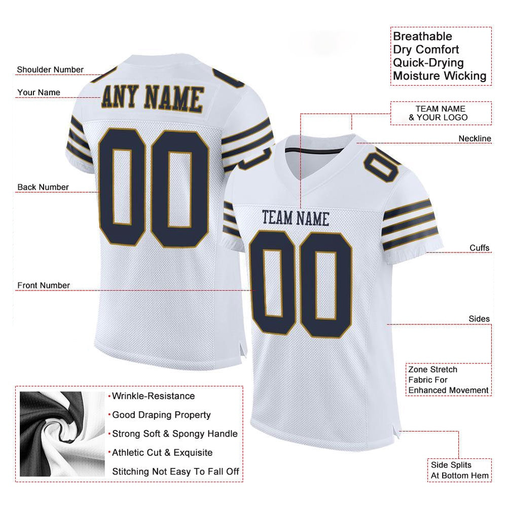 Custom White Navy Old Gold Mesh Authentic Football Jersey, Team Jerseys Football, Custom Football Jersey