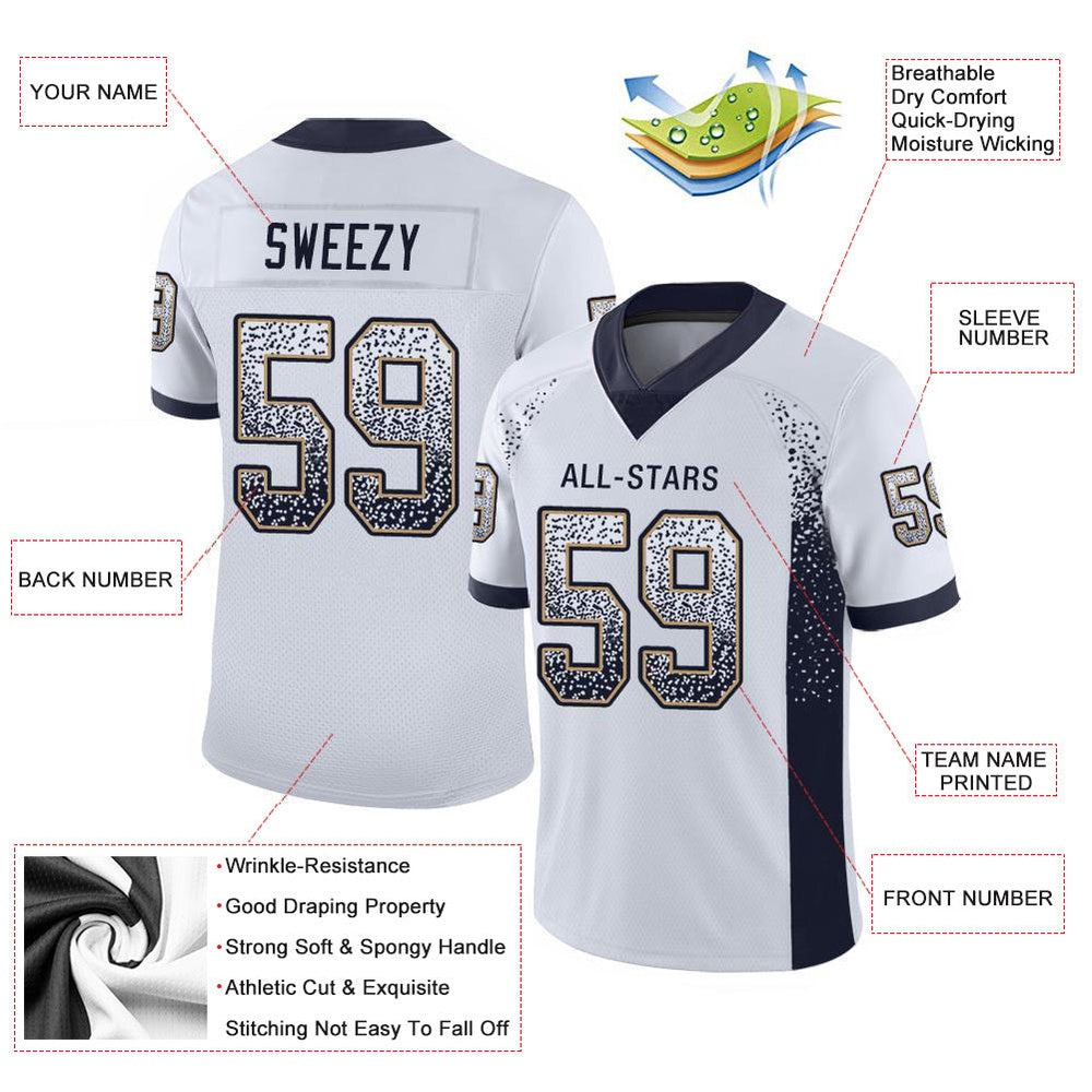 Custom White Navy Old Gold Mesh Drift Fashion Football Jersey, Team Jerseys Football, Custom Football Jersey