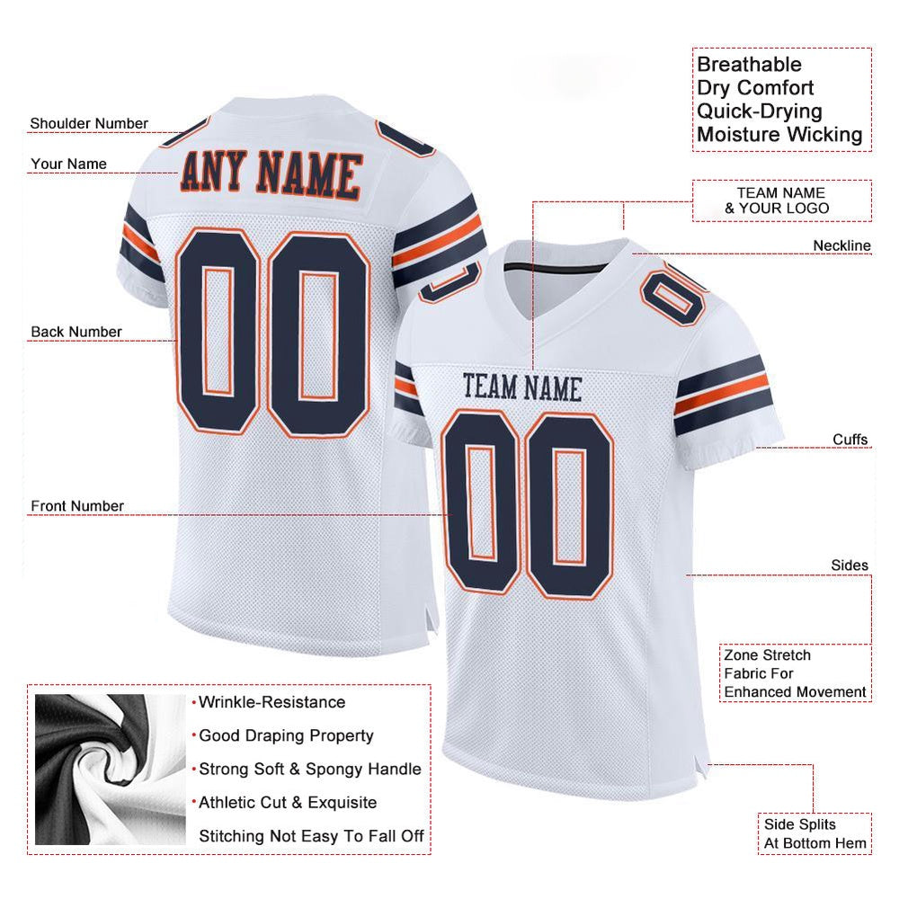 Custom White Navy Orange Mesh Authentic Football Jersey, Team Jerseys Football, Custom Football Jersey